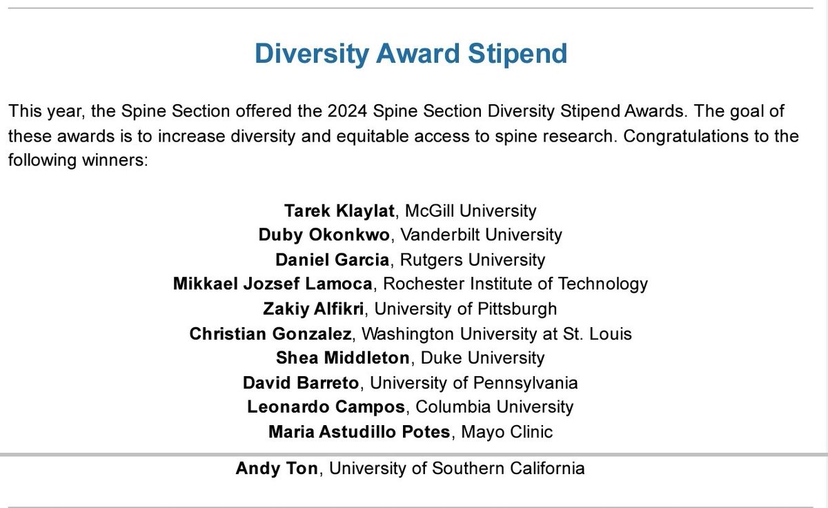 Meet the 2024 <a href="/ORSsociety/">Orthopaedic Research Society</a> Spine Section Diversity Award Stipend Winners. The goal of this award is to increase diversity and equitable access to spine research by aiding their attendance at #ORS2024 annual meeting. Please join us in congratulating them.