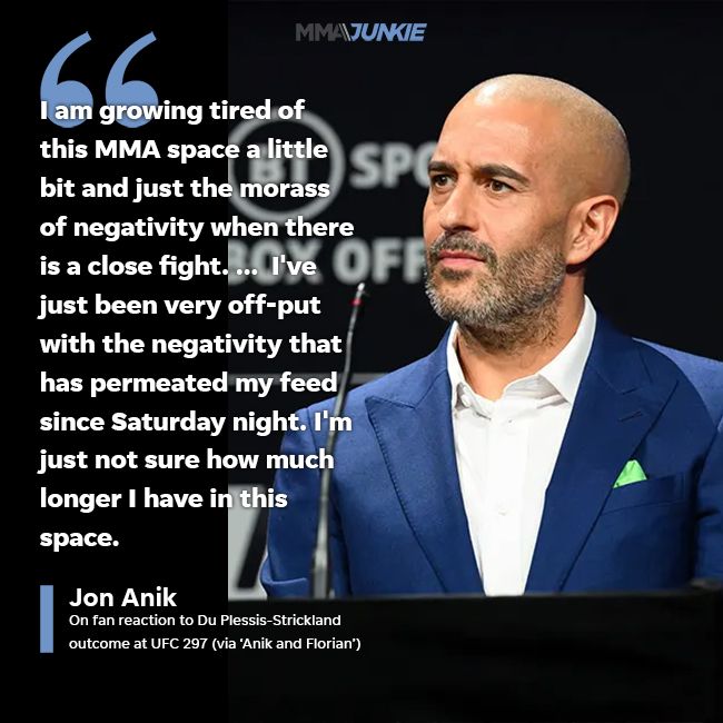 MMAJunkie's tweet image. Jon Anik is “growing tired” of the negativity in MMA 🎯