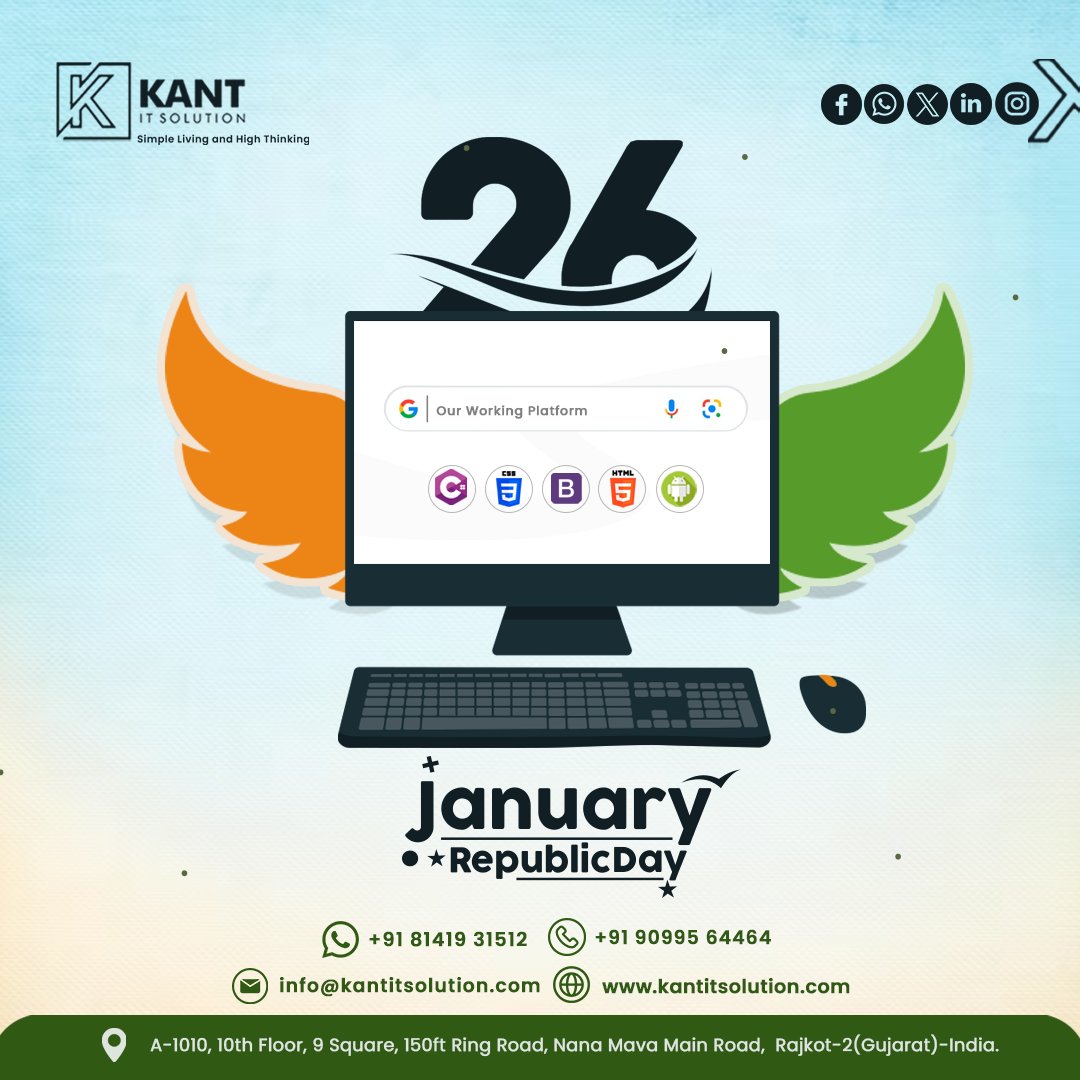 Kantsolution's tweet image. "Wishing everyone a Happy Republic Day! Let's honor the values of democracy and technological advancement that make our nation strong and resilient. 🌐🚀 #KantITSolution #RepublicDay #TechUnity"