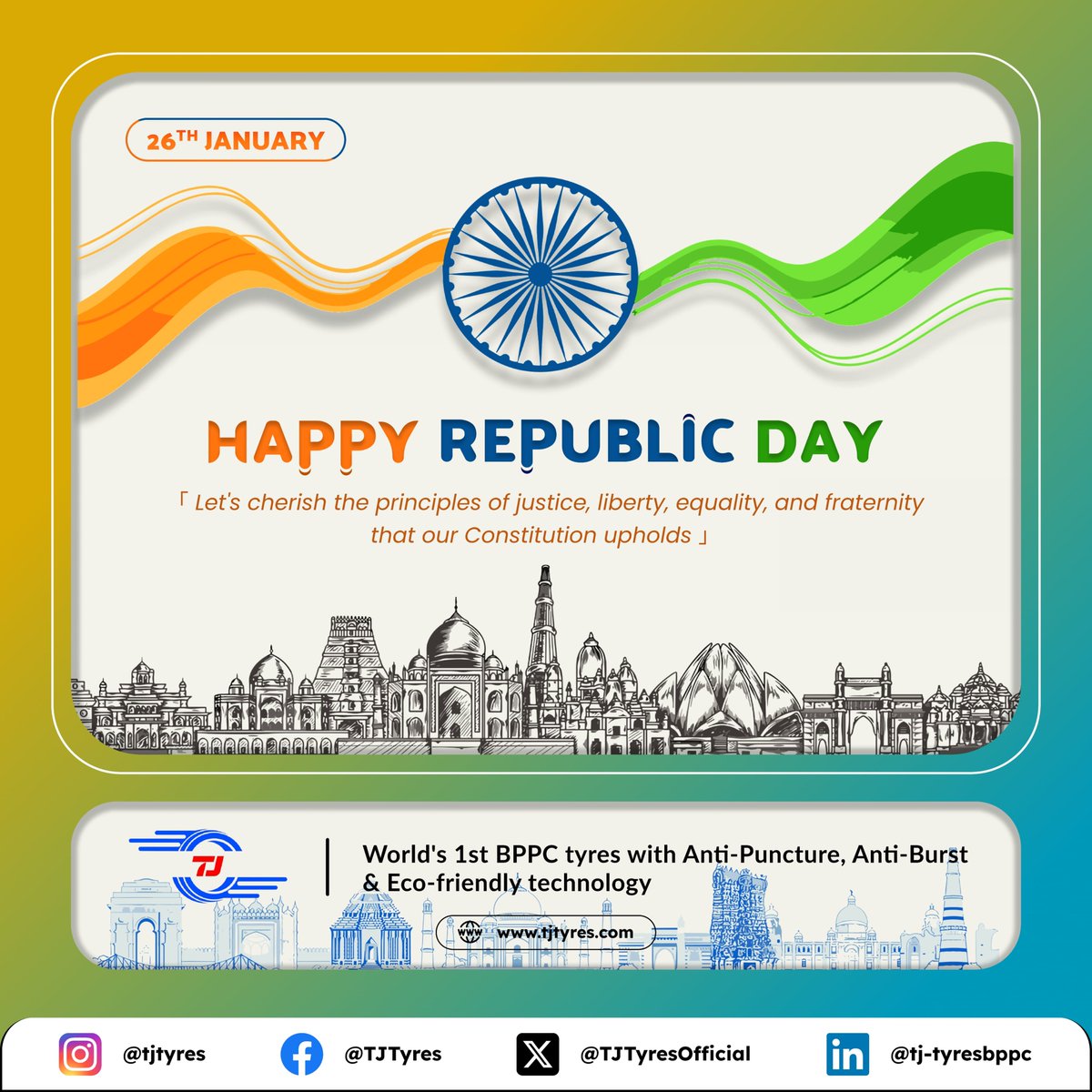 TJ Tyres wishes you all a Happy Republic Day.
#startup #MakeinIndia #StartupIndia #innovation #RoadSafety #EV #ElectricVehicles #Logistics #tjtyres #26January2024 #RepublicDay2024 
To become an #investor #dealer #partner visit: tjtyres.com