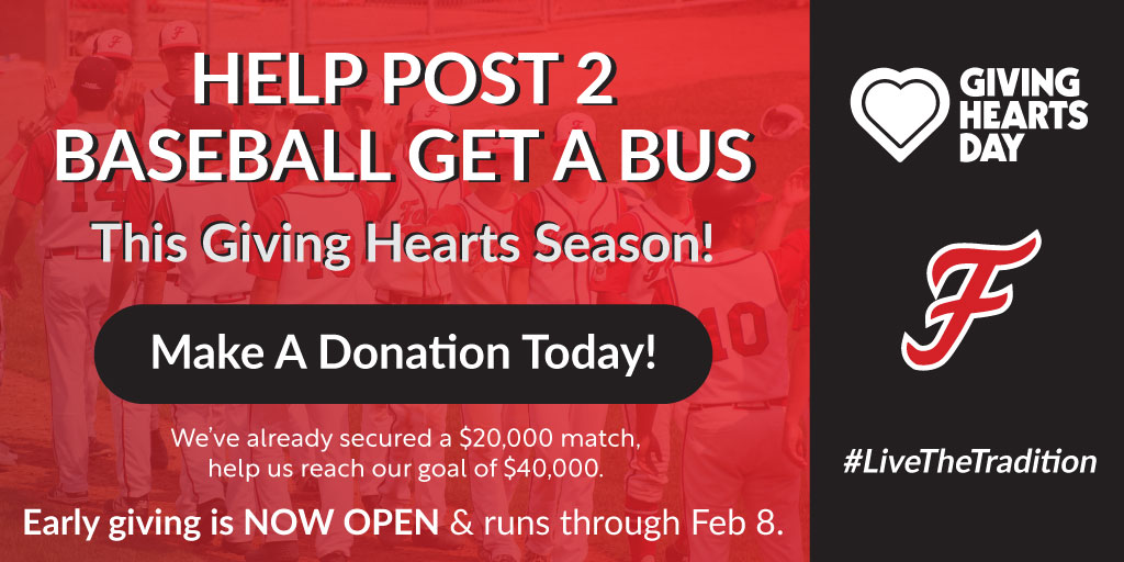 With the addition of a fourth team last summer, Post 2 plans to purchase a second bus with money raised this Giving Hearts Day! 𝗪𝗶𝗹𝗹 𝘆𝗼𝘂 𝗵𝗲𝗹𝗽 𝘂𝘀 𝗿𝗲𝗮𝗰𝗵 𝗼𝘂𝗿 𝗴𝗼𝗮𝗹? Early giving is now open! ⚾🚌 Donate⤵️ app.givingheartsday.org/#/charity/1865 ❤️