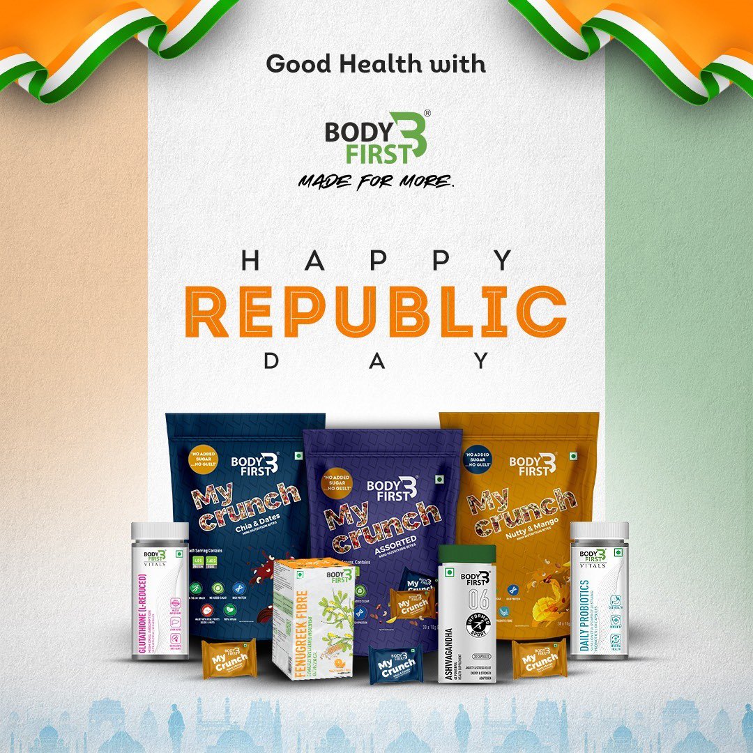 Celebrating Republic Day with a commitment to your health journey! 🇮🇳 💪 Dive into a journey of well-being and fitness because your health is the real wealth. 🌿✨Cheers to a stronger, fitter, and happier you with BodyFirst. Here's to a healthier you and a healthier India!