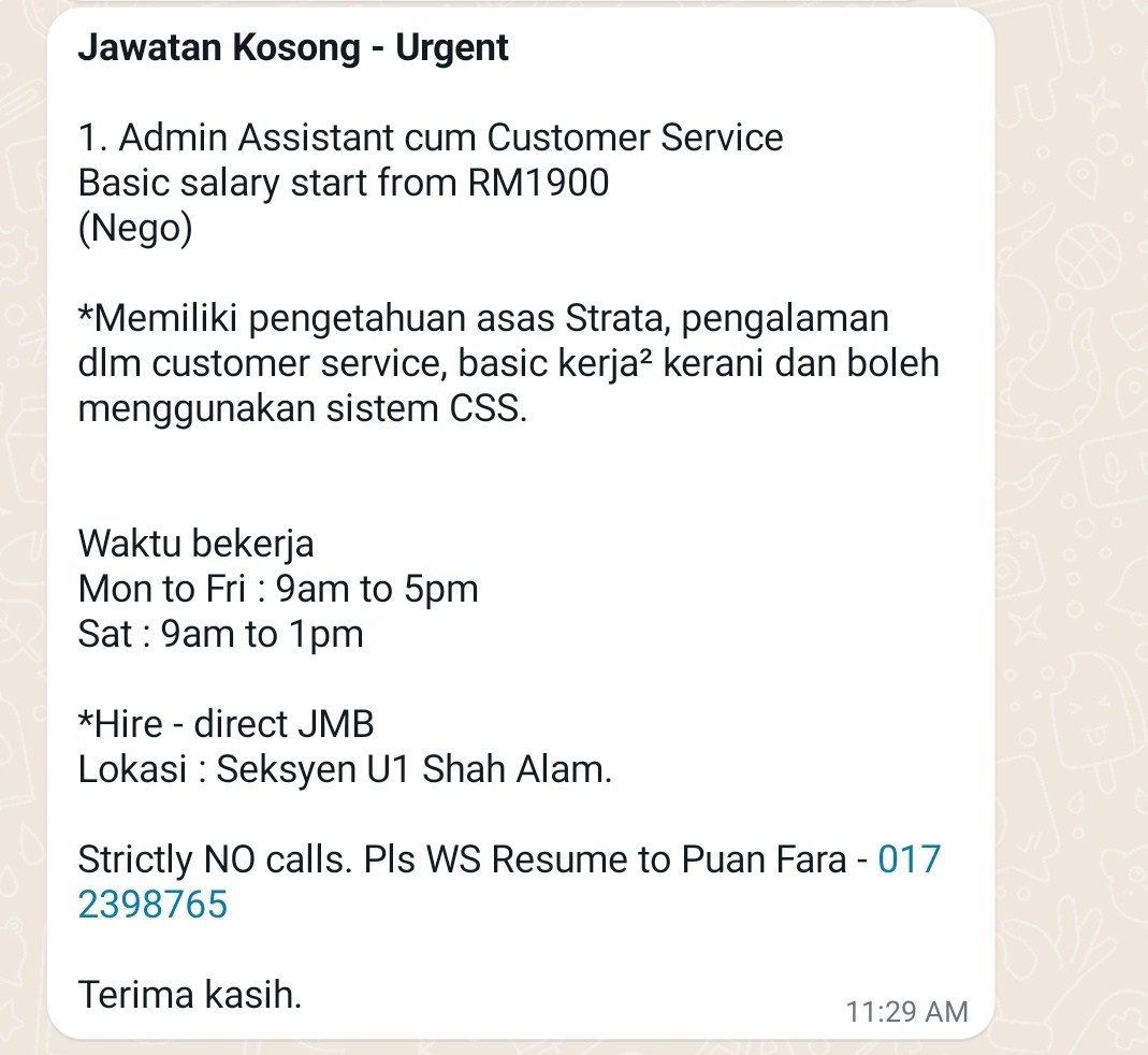 mbpika_newacc's tweet image. KERJA KOSONG
KERJA KOSONG
KERJA KOSONG

berminat sila contact no dibawah, terima kasih.

@empayarkerjaya @Oh_KerjaKosong @twt_penganggur @jobseekers91