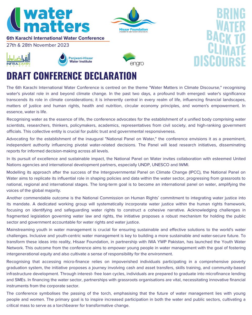 Draft Declaration from the 6th Karachi International Water Conference.
This is a working document and we are accepting feedback until 1st February, 2024.

Submit your suggestions at hisaar.org@gmail.com

#6KIWC #watermatters