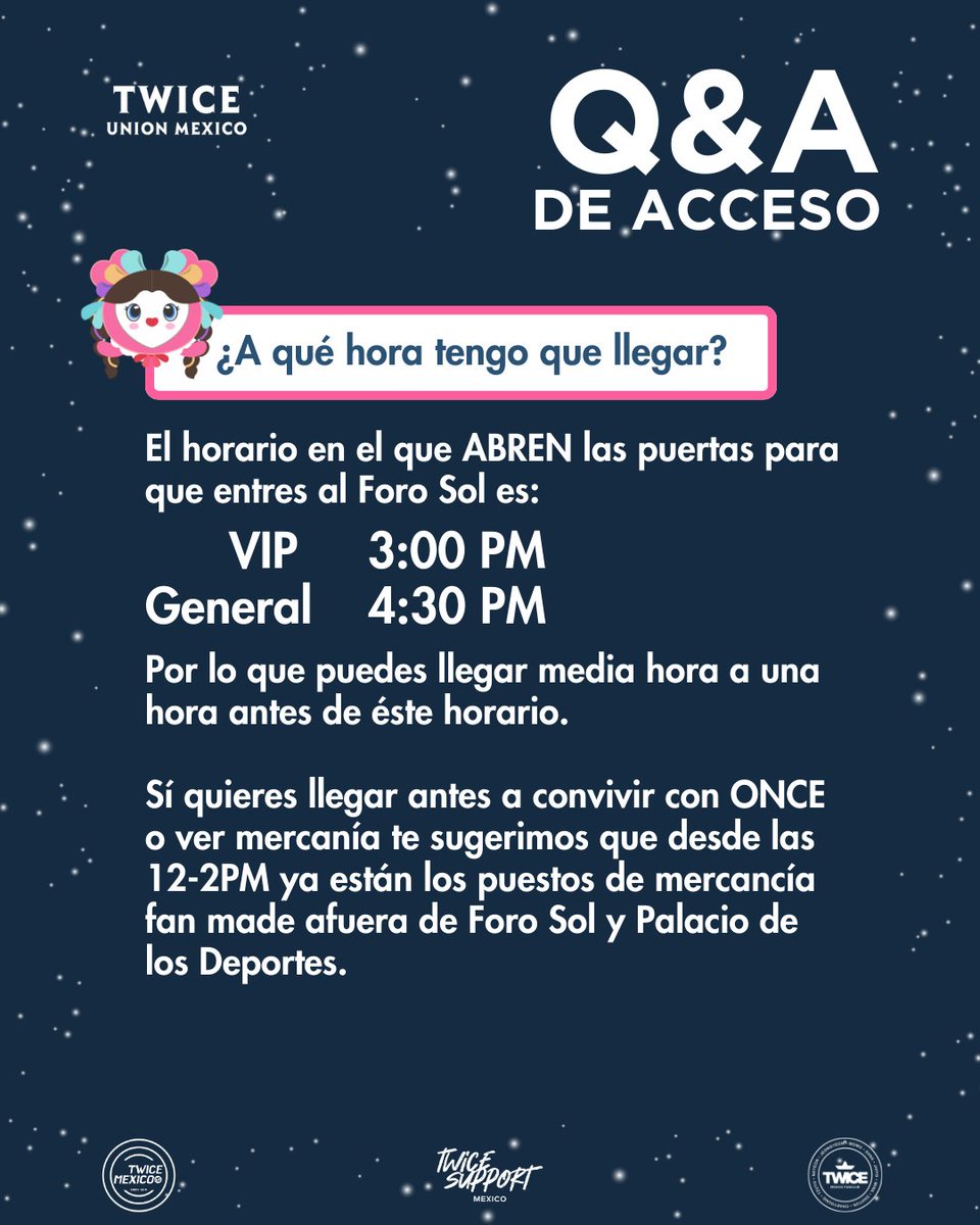 TWICE_Mexico's tweet image. [🍭READY TO BE EN MEXICO🇲🇽]
#ReadytoBeOnce 

#PreguntasFrecuentes

Queremos aclarar algunas dudas sobre la entrada al soundcheck. 

Esperamos les sean de ayuda

Are you ready to be once? 🏁

#TWICE #ONCE #트와이스 #TWICE_5TH_WORLD_TOUR_MEXICO #READYTOBE_MEXICO #TWICEprojects