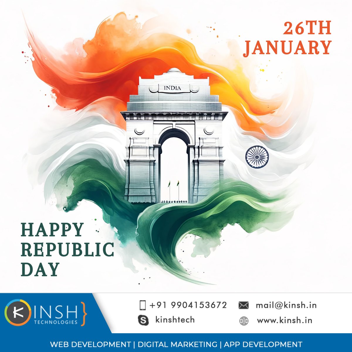 kinjaldesai4u's tweet photo. As we celebrate our nation’s essence, let’s remember the sacrifices that shaped our destiny. Happy 75th Republic Day. 🇮🇳
#RepublicDay #26thJanuary #RepublicDayIndia #ProudIndian #JaiHind #Kinsh #KinshTech #WebDevelopment #Designing #DigitalMarketing https://t.co/3dO5sy6nUg