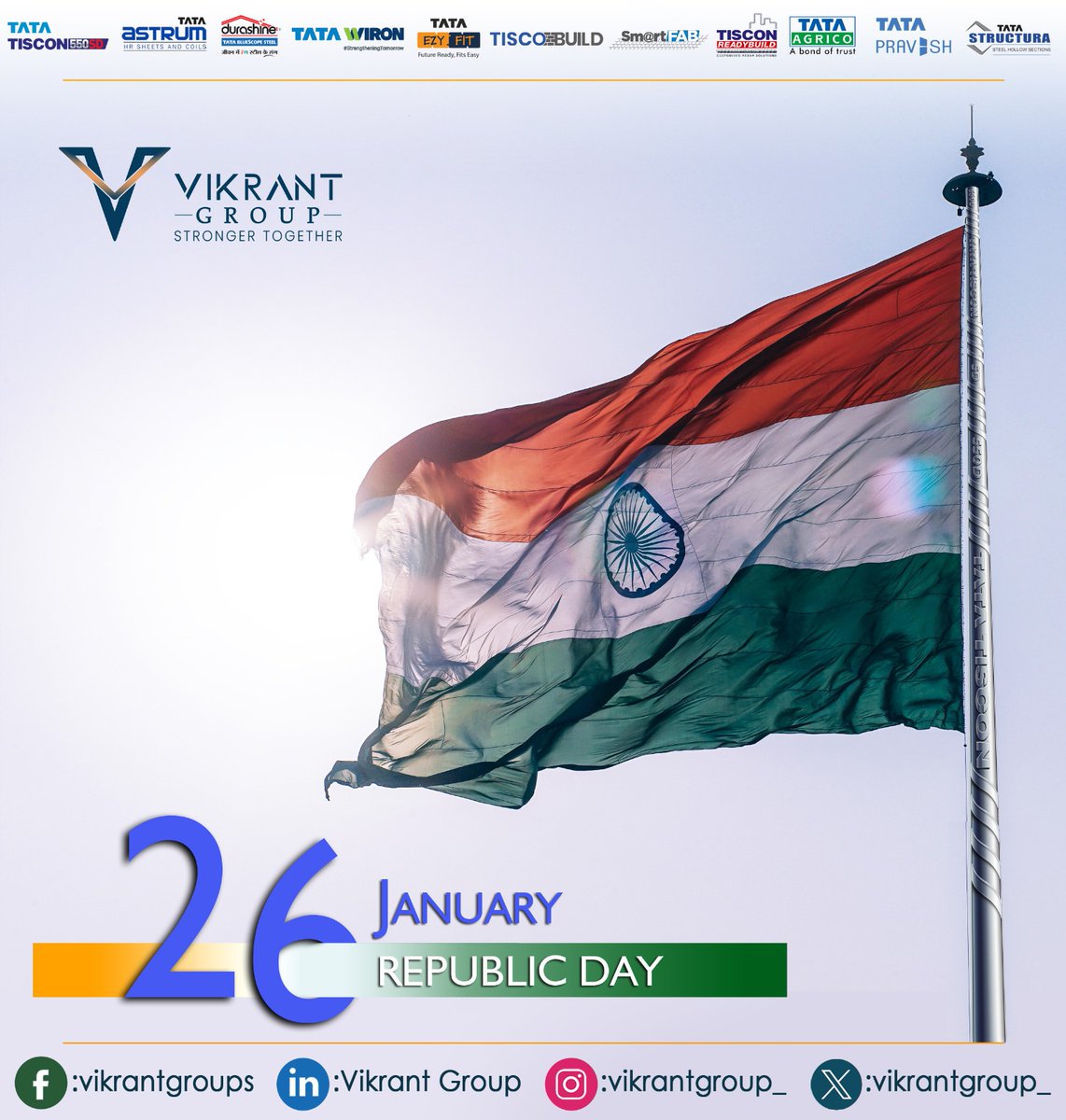 vikrantgroup_'s tweet photo. Vikrant Group wishes everyone Happy Republic Day 2024. Let's honor the sacrifices made by our heroes and take joy in the glory of our great nation.
#vikrantgroup #tata #tatasteel #26january #republicday #republicdayindia https://t.co/uox5L38Lnh