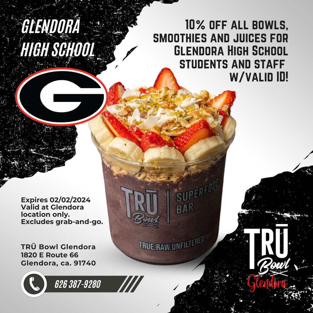 Glendora!!!! We are at it again! Please spread the word!!! @GlendoraHighFB @GlendoraBasket1 #glendora #athletes #glendorahigh #ghs #acaibowl #smoothie #juices #lonehill #route66 #glendorahigh #youthsports #basketball #tennis #soccer #wrestling #protein #football #teacher