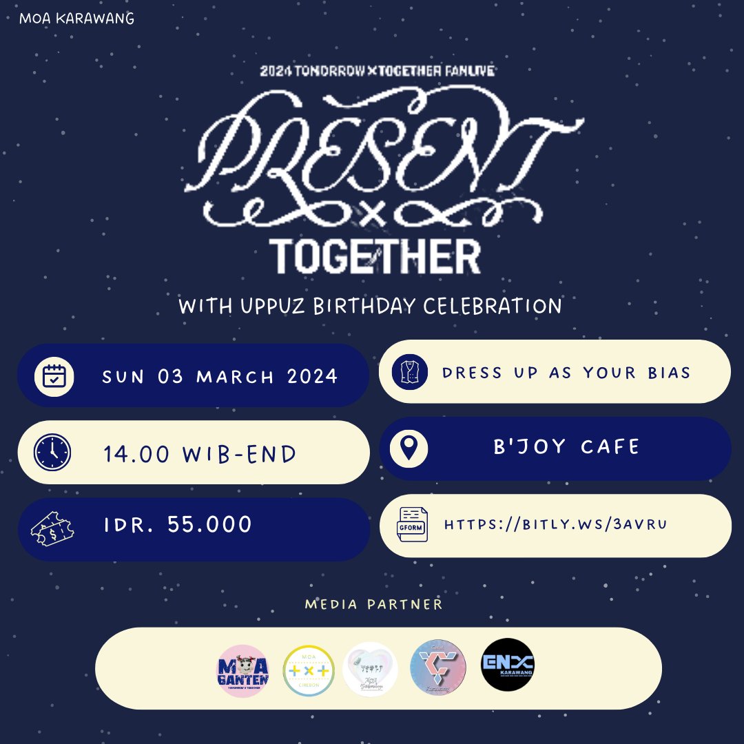 txtmoakrw's tweet photo. ꧁•⊹٭PRESENT X TOGETHER٭⊹•꧂
 with uppuz birthday 
Calling to all MOA KARAWANG 📢
We're glad to announce you this event!!

Link reservation: https://t.co/R5YcfFXUhY
Reservations are available until February 24th

Let's join and have fun together!!! ♡ https://t.co/NNuarhhI1Y
