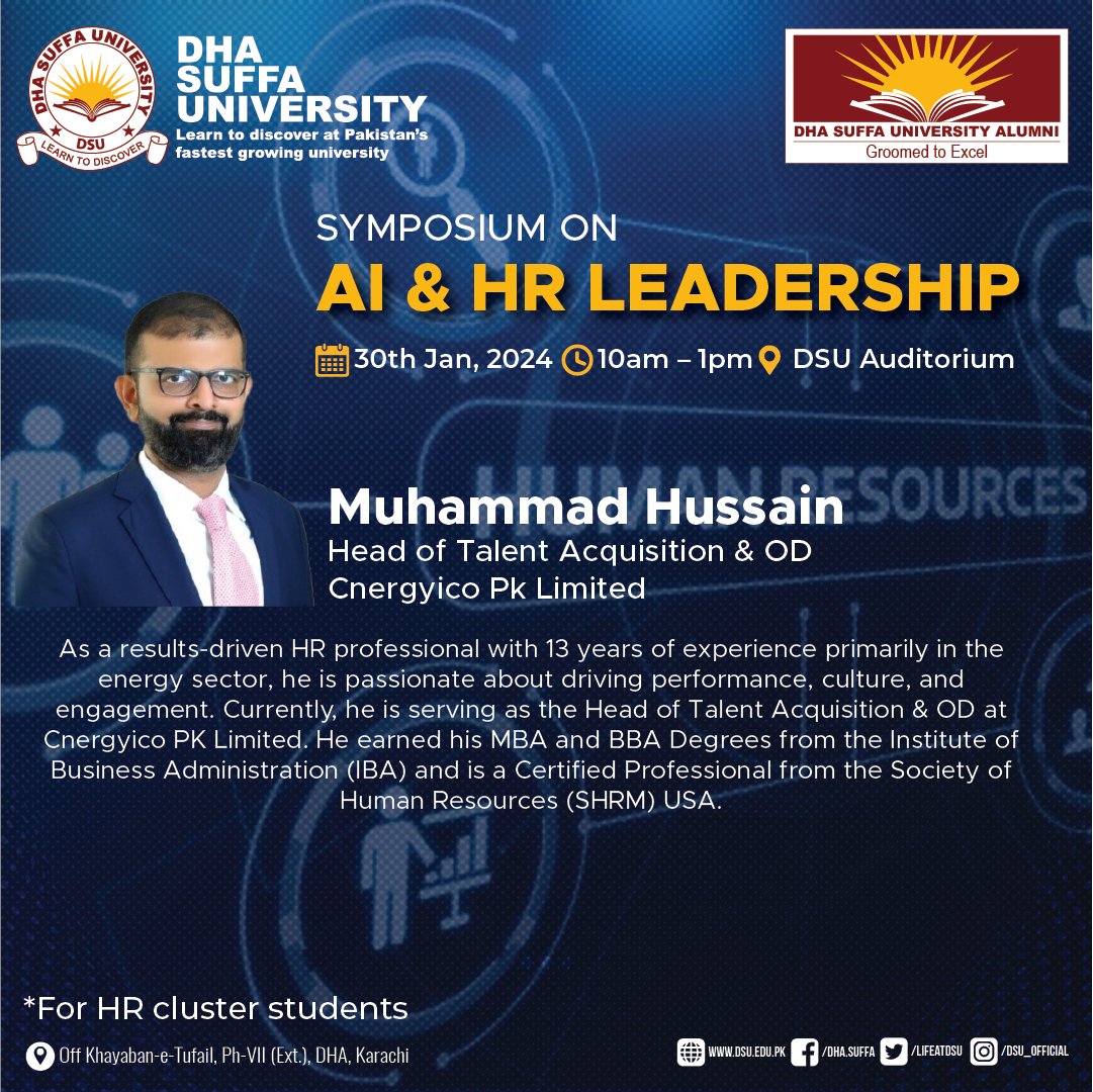 SYMPOSIUM ON AI &amp; HR LEADERSHIP

Date: 30th Jan, 2024
Timings: 10am – 1pm
Venue: DSU Auditorium

* For HR cluster students