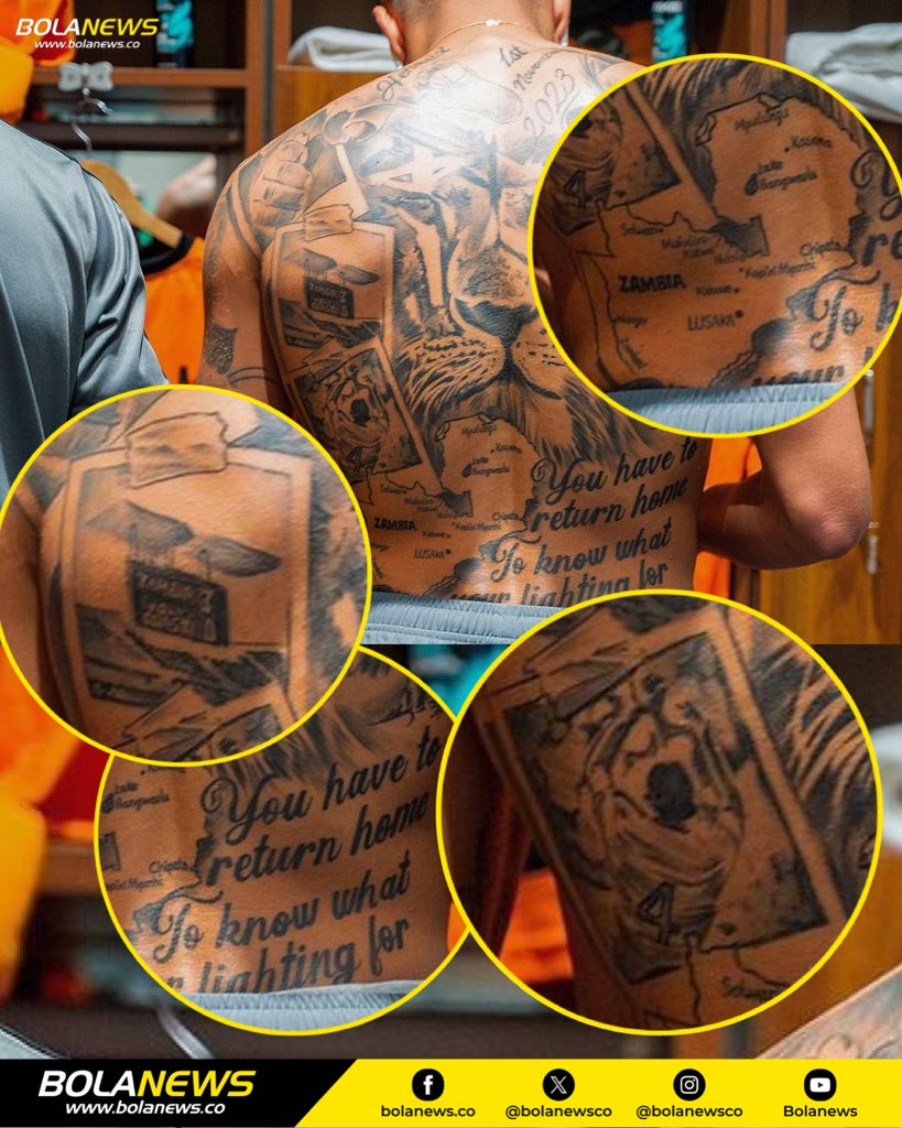 bolanewsco's tweet photo. Frankie Musonda has tattooed his best Chipolopolo moments. 😍

✅ Zambia 3-0 Ivory Coast at Levy Mwanawansa stadium 

✅His first Chipolopolo home match at Heroes stadium 

✅The Zambian map 

✅A message on the importance of returning home. 

Patriotism 🇿🇲👏����

#BolaNews #Zambia #AFCON202