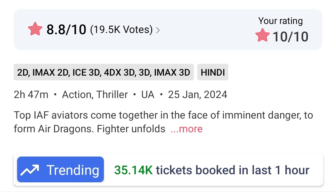 Aman_sahani007's tweet photo. We're Going Strong 35k+ now ๐ฅ๐ฅ๐ฅ. Peak time will be around 1pm in Bookmyshow.
Keep Rating 10star in BMS Nd IMDB Also Guys โค๏ธโค๏ธ
Negative Pr Also Going on from some illiterate.
#Fighter #FighterReview #BlockbusterFighter #HrithikRoshan๐ต https://t.co/k31oBvL0PO
