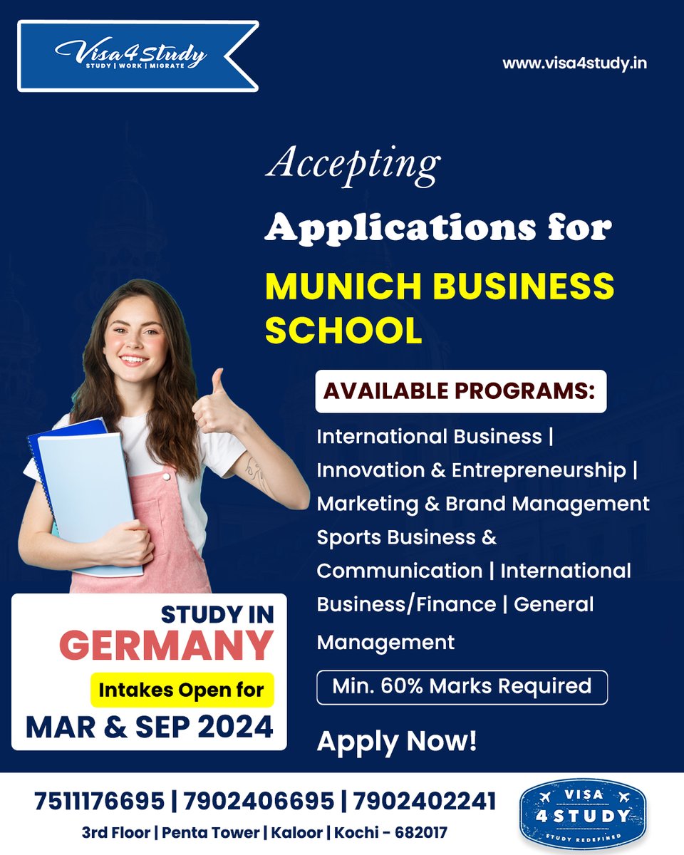 Dmvisa4study's tweet photo. STUDY IN GERMANY..!
❇️ ACCEPTING APPLICATIONS FOR "MUNICH BUSINESS SCHOOL"
MIN 60% MARKS REQUIRED
❇️ INTAKES OPEN FOR MAR & SEP 2024
❗APPLY NOW..!
GET IN TOUCH
7511176695
#StudyAbroad #OverseasEducation #Visa4study
#OverseasEducationConsultants https://t.co/EY9pL2DfUI