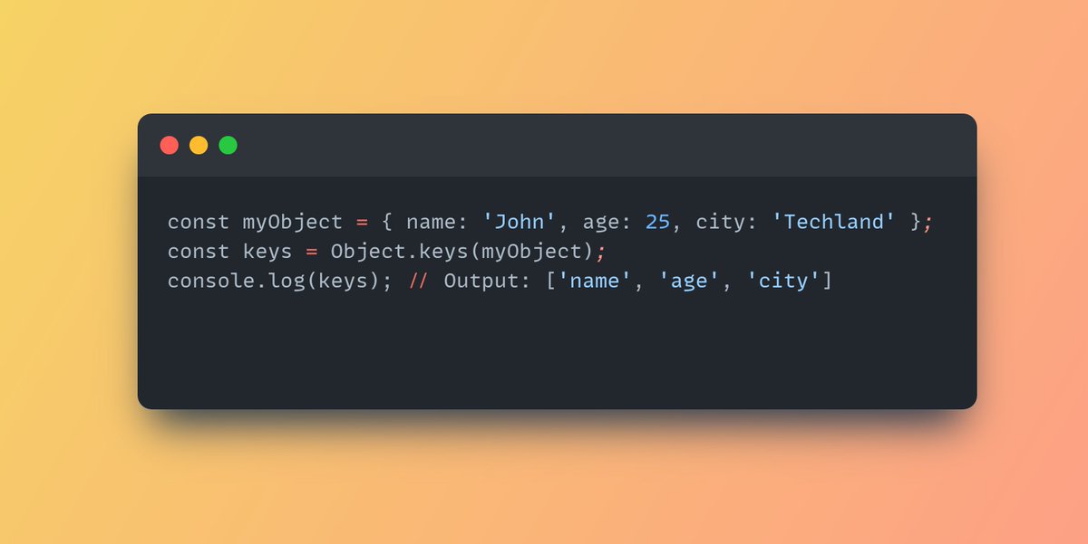 BinaryBeats__'s tweet image. 1️⃣ Object.keys()
1. Extract keys from an object.
2. Useful for iteration and dynamic property handling.
#JavaScript #ObjectMethods #programming