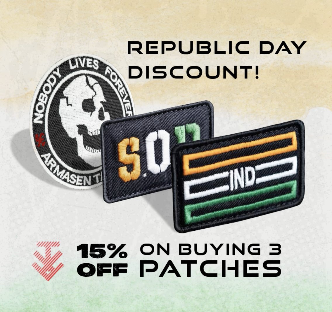 𝐂𝐞𝐥𝐞𝐛𝐫𝐚𝐭𝐞 𝐑𝐞𝐩𝐮𝐛𝐥𝐢𝐜 𝐃𝐚𝐲 𝐰𝐢𝐭𝐡 𝐨𝐮𝐫 𝐒𝐩𝐞𝐜𝐢𝐚𝐥 𝐂𝐨𝐦𝐛𝐨 𝐎𝐟𝐟𝐞𝐫! 
Get 𝟏𝟓% 𝐨𝐟𝐟 on our 𝗣𝗮𝘁𝗰𝗵 𝗖𝗼𝗺𝗯𝗼 of three Patches! 

SHOP NOW! 
↳armasentactical.com/shop/accessori…

#RepublicDay #RepublicDay2024 #RepublicDaySale