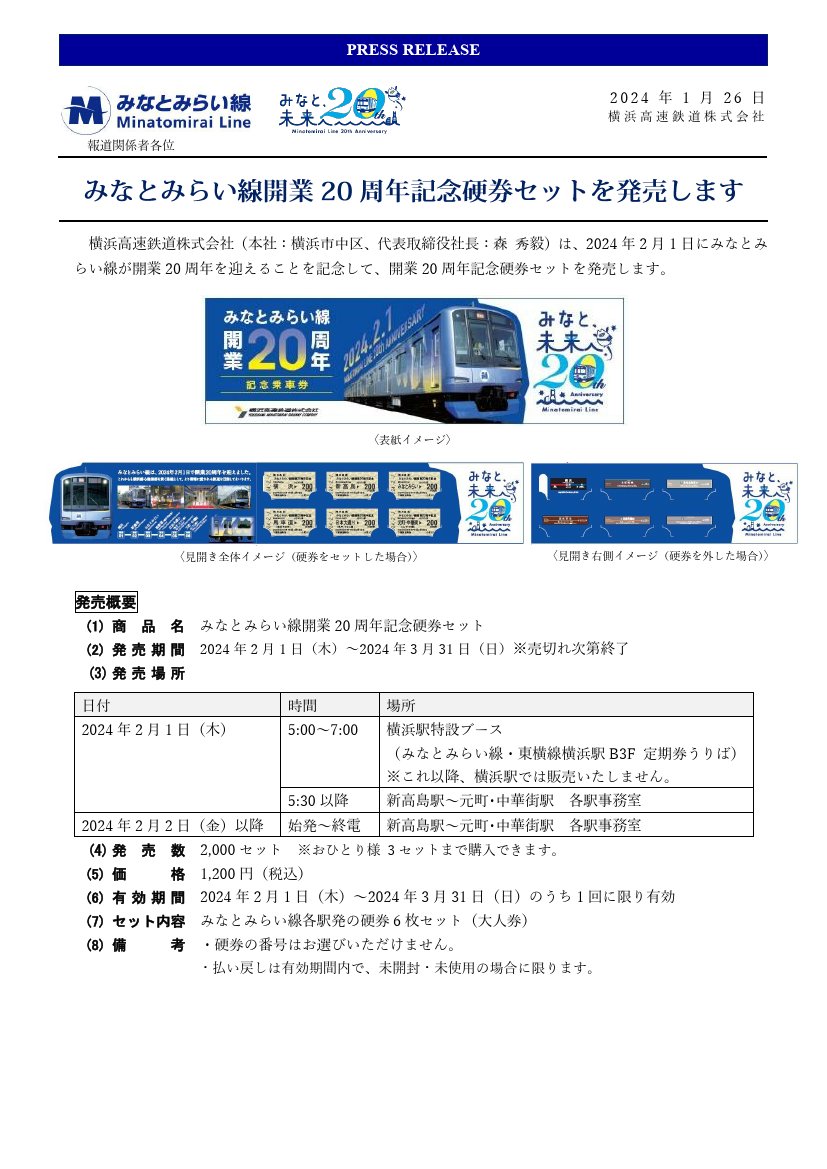 東急東横線・みなとみらい線 相互直通運転開始 開業20周年 記念