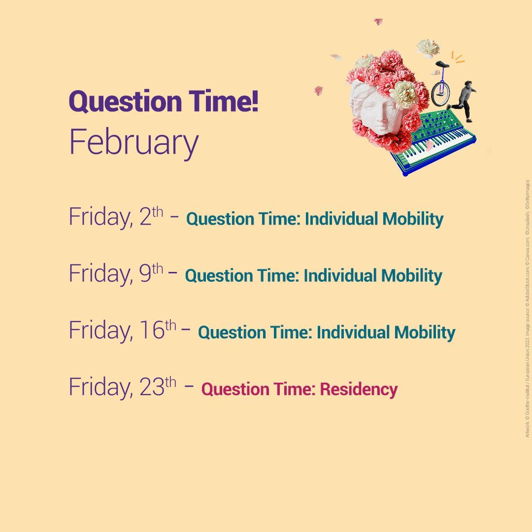 Question Time! ⏰ Fridays at 11 a.m. CET (Brussels time) Your chance to learn more about #CultureMovesEurope, its actions, and... ask all your questions! 😎 Join us for Question Time! #CreativeEurope #PushBoundaries