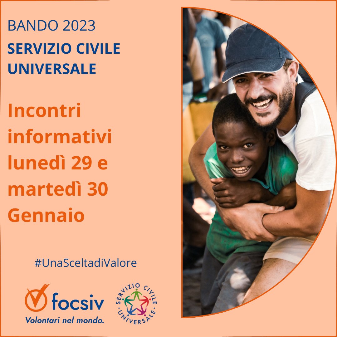 🟠BANDO SCU 2023🟠
Scopri gli incontri informativi di lunedì 29 e martedì 30 gennaio! 👇
focsiv.it/category/event…
#unasceltadivalore
#serviziocivileuniversale
@AntennediPace