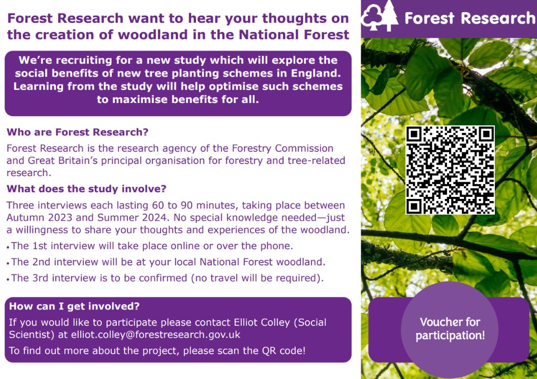 📣@Forest_Research are looking for your views on the creation of woodland in #theNationalForest!🌳 The project will involve three interviews, between 60-90 mins, to share your thoughts and experiences of woodlands. 👉Take part and receive a £60 voucher: smartsurvey.co.uk/s/DW10NE/