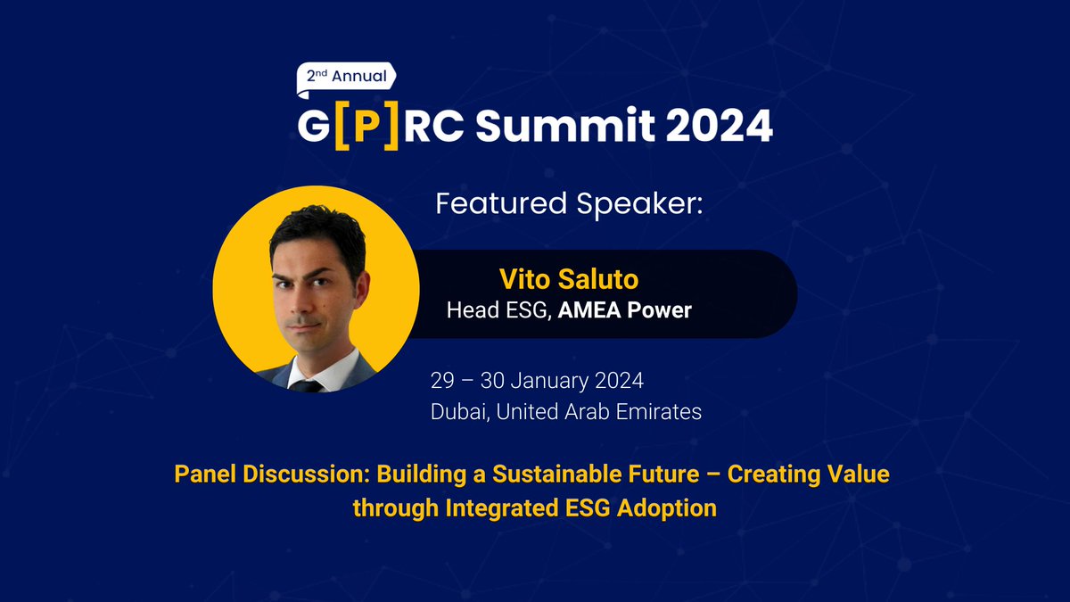 AmeaPower's tweet photo. Our Head of ESG, Vito Saluto, will be a panel member for the session, ‘Building a Sustainable Future – Creating Value through Integrated ESG Adoption’, hosted by the 2nd Annual @GPRCSummit_2024. 

With over 20 years of experience, Vito will be sharing his insights, strategies, and experiences that drive sustainable development in the renewable energy sector across Africa, Middle East, Asia, and Europe!

#AMEAPower #RenewableEnergy #Sustainability #Africa #MiddleEast #Asia #ESG
