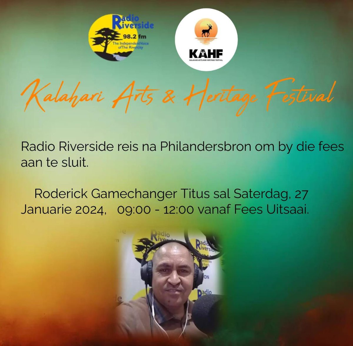 Let's make it a date tomorrow between 9am - 12 midday, as Radio River will be broadcasting live from the Kalahari Arts and Heritage Festival.....

All activities will be taking place at Philandersbron Primary School Grounds 

@northerncapetourism
<a href="/artsculturesa/">Department of Arts & Culture</a>

#KAHF2024 #KAHF