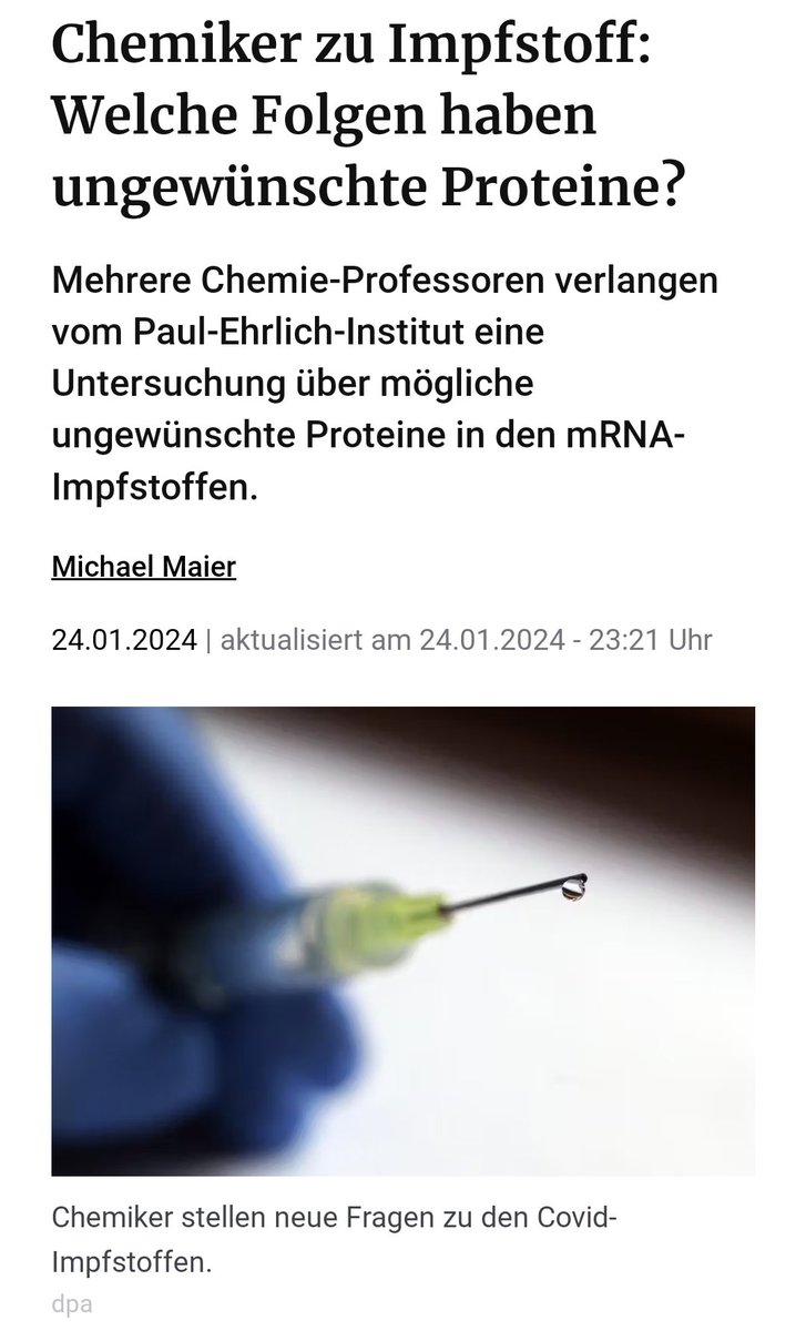 KenFM_news's tweet image. 💉💥 Mehrere Chemie-Professoren verlangen vom Paul-Ehrlich-Institut eine Untersuchung über mögliche ungewünschte Proteine in den mRNA-Impfstoffen.
 berliner-zeitung.de/gesundheit-oek…

#Chemie #Impfstoffe #Protein #PaulEhrlich #Forschung #Sicherheit #Medizin #Experten #Gesundheit