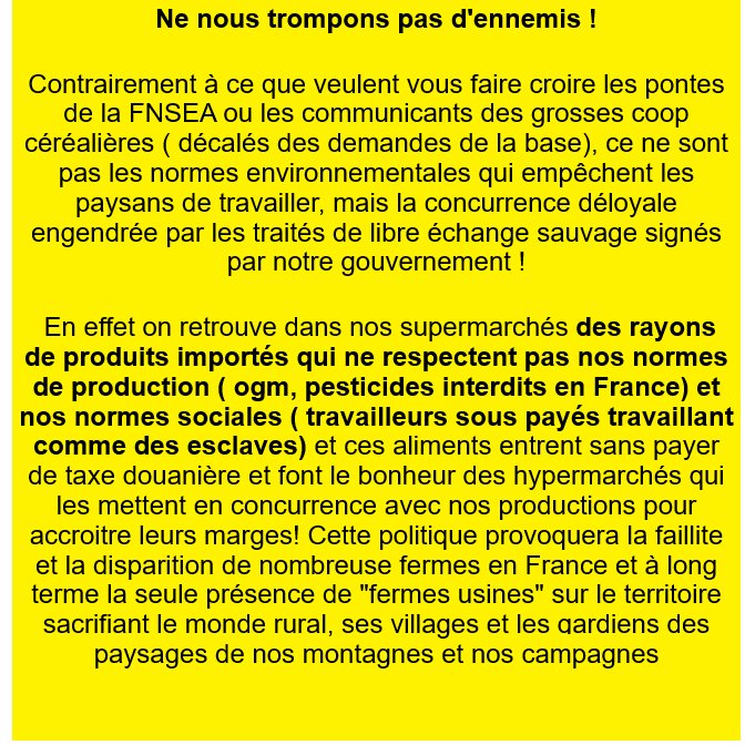 Ne nous trompons pas d'ennemis! Les normes environnementales que nous défendons agriculteurs #bio sont au bénéfice des futurs paysans qui nous succèderont pour continuer à cultiver sur des terres saines, avec une eau potable et pour vous nourrir sainement!