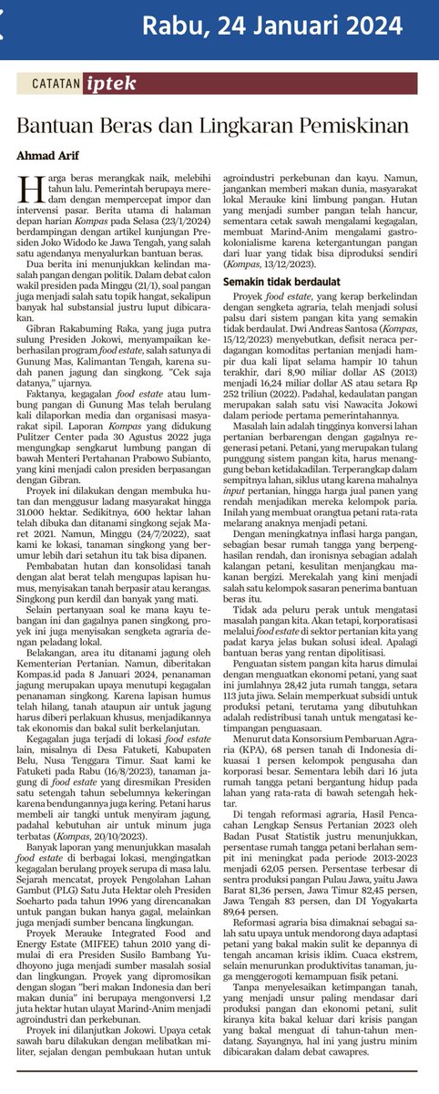 Bagi yg masih ribut soal food estate, silakan dibaca tulisan pendek saya ini. Kalau baca versi onlinenya bisa juga di link berikut: kompas.id/baca/opini/202…