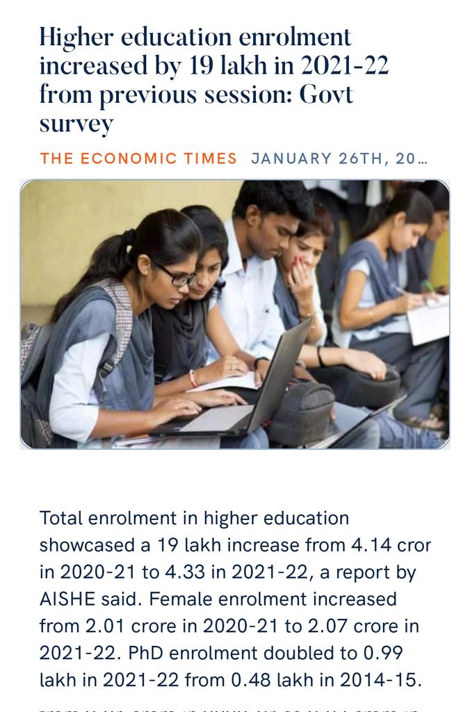 RayTanushankar's tweet photo. Higher education enrolment increased by 19 lakh in 2021-22 from previous session: Govt survey
https://t.co/XlyJ5EGLgg via NaMo App https://t.co/el0RPfYyJE