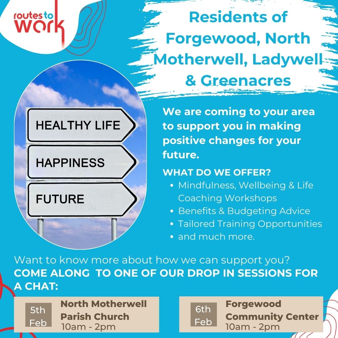 routestowork's tweet image. 📢Are you out of work and live in Forgewood, North Motherwell, Ladywell or Greenacres? Come along to out drop-in session for a chat to discover how we can help you.

Grab the #opportunity to start off your journey to a better future. 
#northlanarkshire #jobs #training