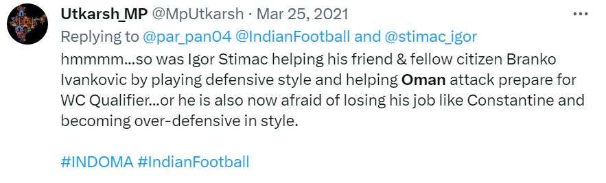 MpUtkarsh's tweet photo. @IFTWC Did anyone remember Oman vs India? I totally remember and said something was off.

Before I took break from Indian Football (due to my professional work), I also commented about Igor Stimac.

Watched #IndianFootball after a long break only for Asia Cup. Sad, but not surprised! https://t.co/G5Kys5LZ2I
