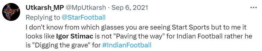 MpUtkarsh's tweet photo. @IFTWC Did anyone remember Oman vs India? I totally remember and said something was off.

Before I took break from Indian Football (due to my professional work), I also commented about Igor Stimac.

Watched #IndianFootball after a long break only for Asia Cup. Sad, but not surprised! https://t.co/G5Kys5LZ2I