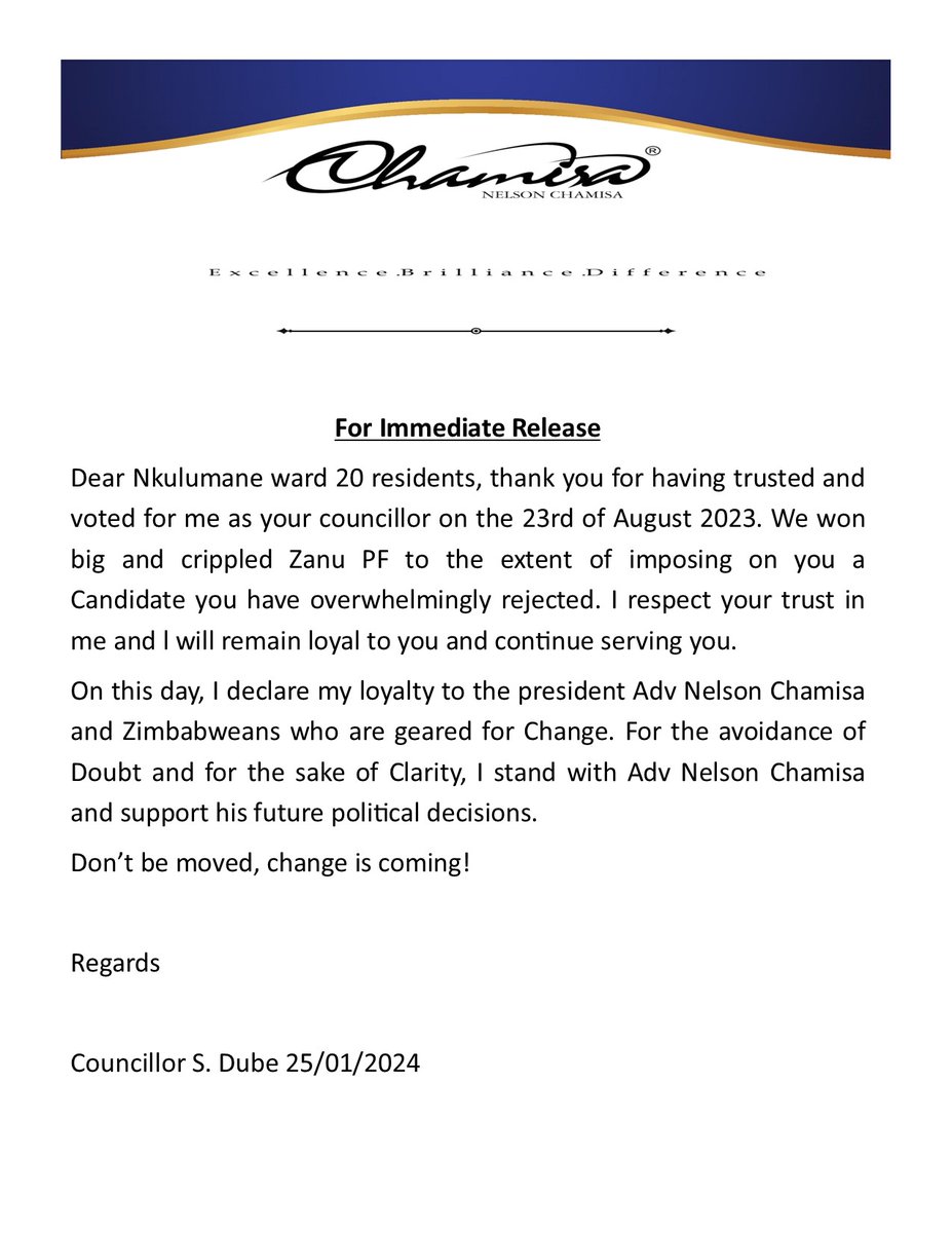 I was illigally recalled. My President never signed that illegal recall letter, hence with no doubt l will remain loyal to him and the Zimbabwean citizens who voted for Change!