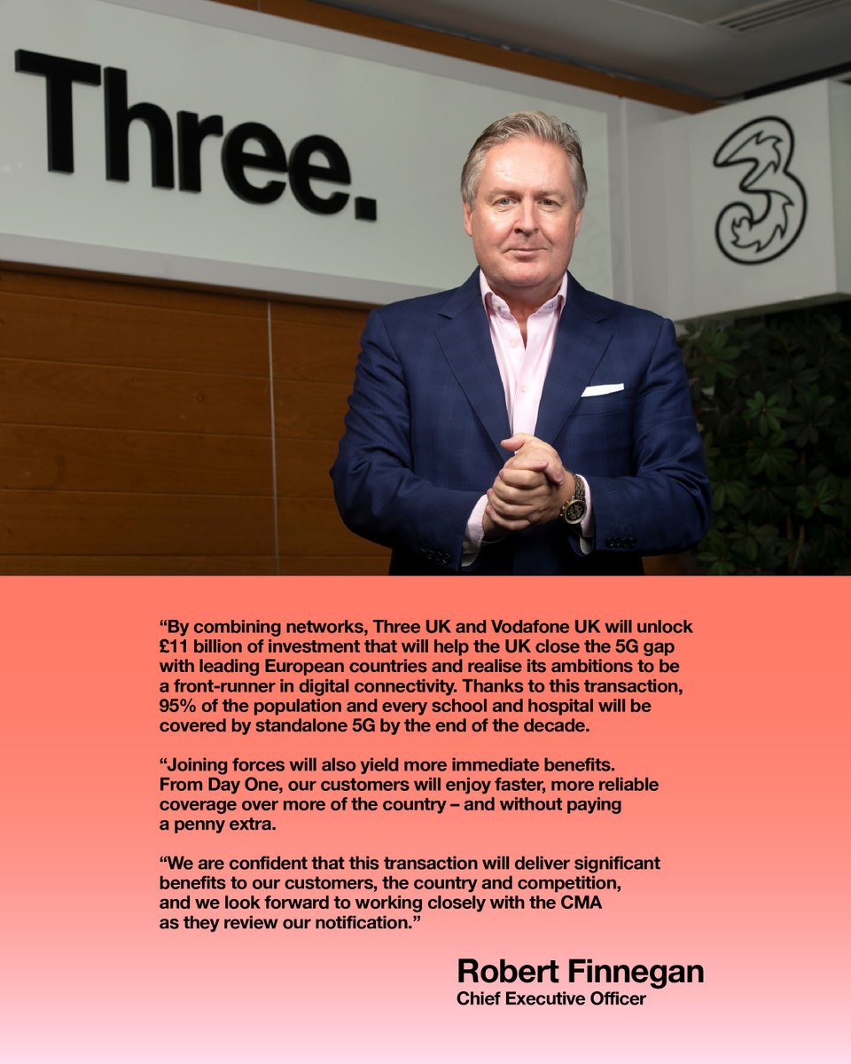 Today our parent company, CK Hutchison, and Vodafone Group have formally notified the proposed merger of Three UK and Vodafone UK to the UK’s Competition and Markets Authority (CMA) seeking approval of it.
