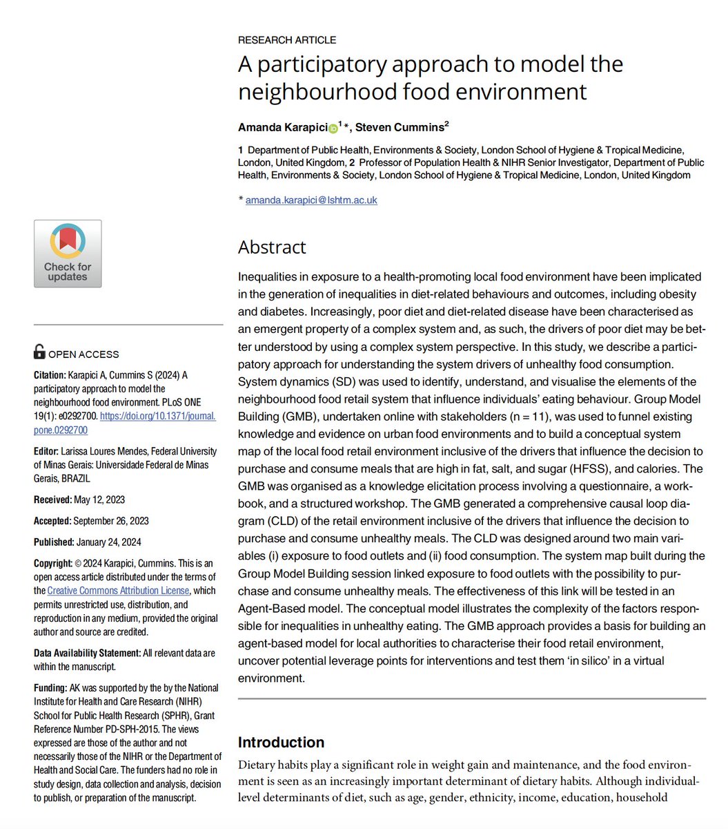 📢New paper out this week in @PLOSONE from @amik89 outlining a participatory approach to model the #neighbourhood #food #environment from a #complexsystems perspective @PHILabLSHTM @NIHRSPHR  journals.plos.org/plosone/articl…