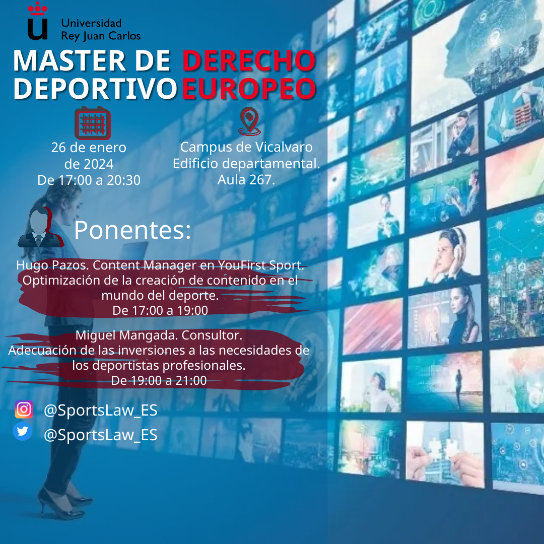 SportsLaw_ES's tweet photo. Hoy, el Máster de Derecho Deportivo Europeo de la @urjc vendrán @hugopazos, a explicarnos la creación de contenidos en el deporte, y a Miguel Mangada, que nos continuara hablando de inversión en el deporte https://t.co/09Pd9pUbiZ