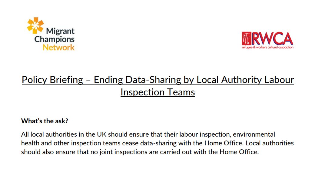 Labour inspections are designed to protect workers - but data-sharing about migrant workers' status makes all workers unsafe Read our new joint briefing with @RWCAEnglish on why LA labour inspectors can and must end all data-sharing with @ukhomeoffice tinyurl.com/labour-inspect…