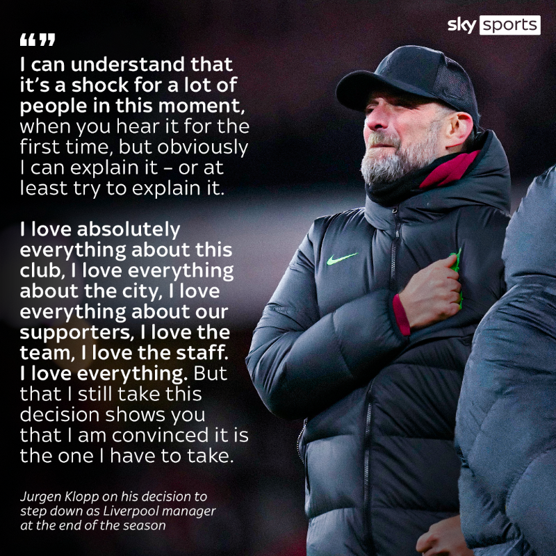 SkySportsPL's tweet photo. Jurgen Klopp has released a statement explaining his decision to step down as Liverpool manager at the end of the season 📝