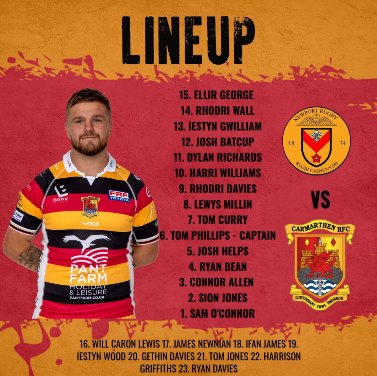 LOCKED IN 🔒

Your Carmarthen Quins side to travel to @newport_r.f.c tomorrow.

- Ellir George and Rhodri Wall make their debut.
- Harri Williams comes into outside half.
- Bean wears 4
- Sam O’Connor starts at LH.
- Ryan Davies amongst the replacements 

#Q4L