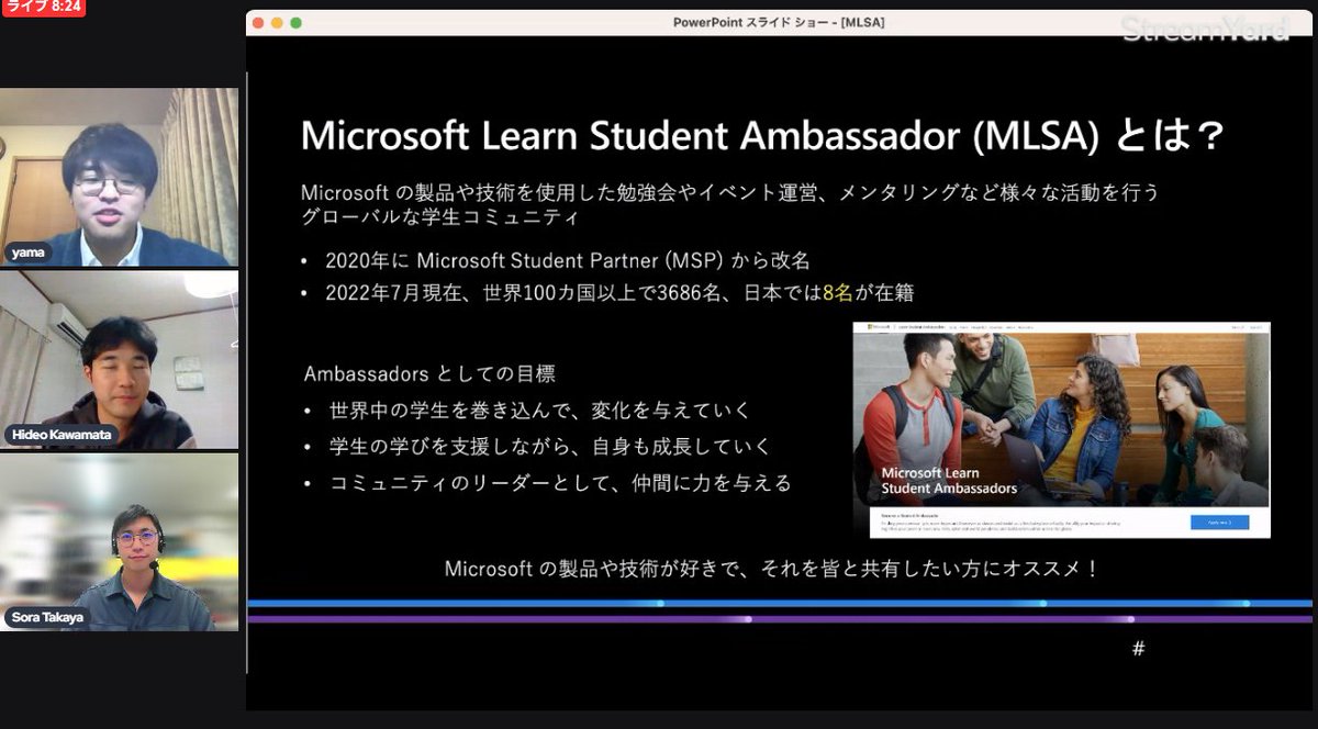 soratakaya's tweet image. Microsoft Learn Student Ambassadors Japanの配信始まりました～！  

今回は「MLSAのメンバーが気になる技術」について発信していきます！  

皆さんもぜひ見に来てください～！  

youtube.com/watch?v=noRhYO…

#mstechcamp #MicrosoftStudentPartner
#MicrosoftLearnStudentAmbassadors
