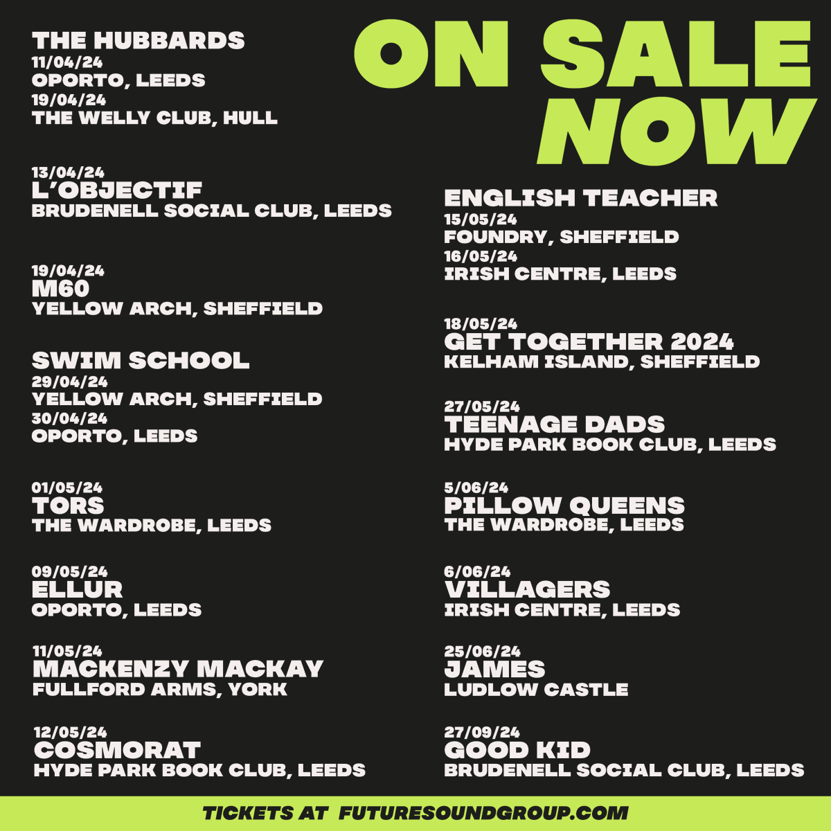 Plenty of shows on sale this week, take a look and find something for you- including shows from James, @wearevillagers, @goodkidband, @Englishteac_her and many more 👉