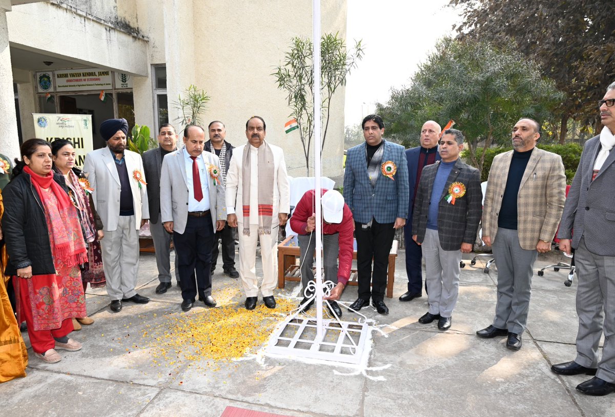Prof. B. N. Tripathi, Hon’ble Vice Chancellor unfurls the tricolour National Flag on the 75th Republic Day Celebration at SKUAST Jammu##symbolizing the spirit of unity and patriotism##Paid floral tributes to the Father of the Nation## addressed the university staff###
