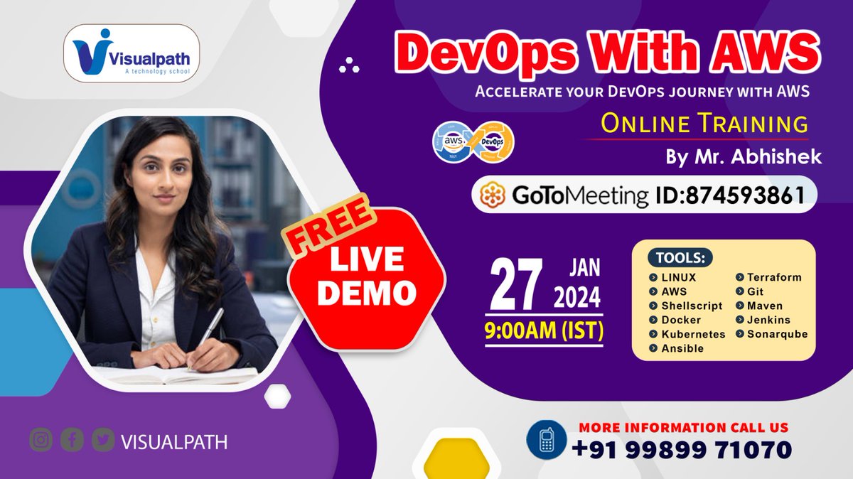 VisualpathPro's tweet image. Join Now: bit.ly/3HSWmDH
Attend an Online Free Demo On  #DevOps with #AWS by Mr. Abhishek.
Demo on: 27th JAN @ 9.00 AM (IST).
Contact us: +91 9989971070.
Tel: t.me/visualpathsoft…
WhatsApp: bit.ly/47eayBz
Visit: visualpath.in/devops-online-…
#DevOpswithAWS…