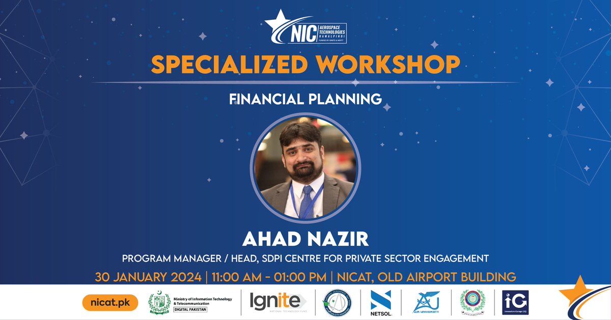 Specialized Workshop! 💡🚀 Join us for an exclusive workshop on Financial Planning, led by @ahadnazir783 , Program Manager and Head of the SDPI Centre for Private Sector Engagement at the Sustainable Development Policy Institute (SDPI).🎓 🗓 January 30th 🕚 11:00 AM to 01:00 PM