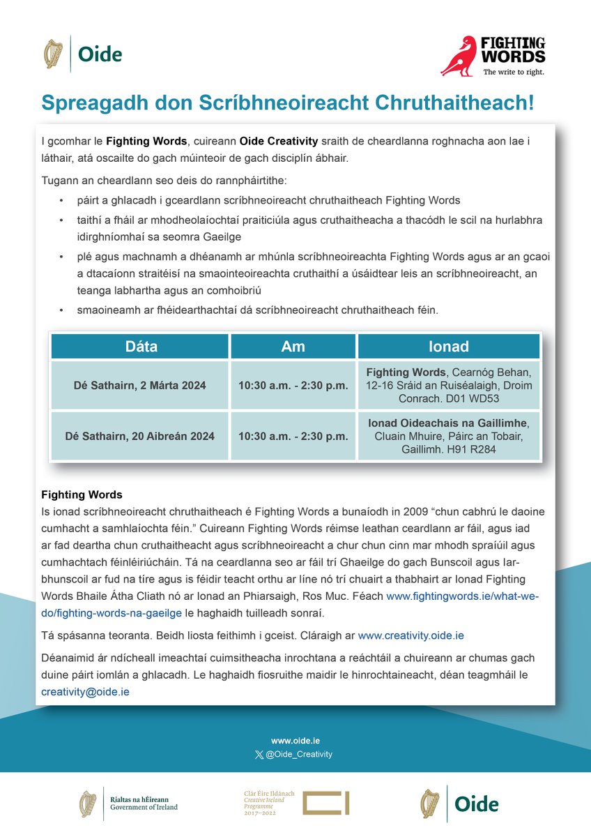 Bí linn do Spreagadh don Scríbhneoireacht Chruthaitheach. Glac páirt i gceardlann @FightingWordsIE agus tapaidh deiseanna do léiriú cruthaitheach sa seomra ranga. Cláraigh linn anseo chun áit a chur in áirithe: creativity.oide.ie