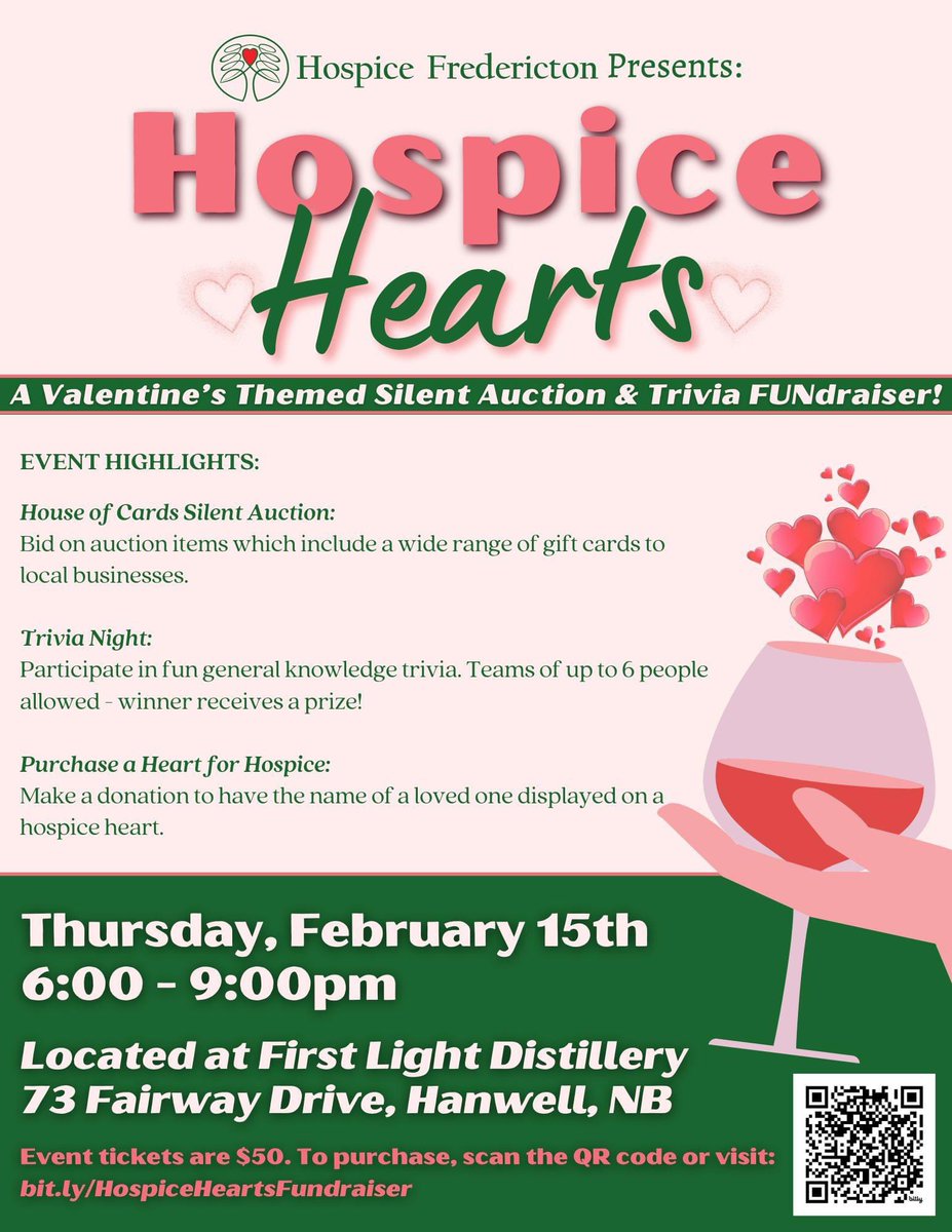 Join us at First Light Distillery for a Valentine's themed FUNdraiser in support of Hospice Fredericton! 💗

A fun-filled trivia night with a silent auction.

Tickets are $50 - to purchase yours, follow the link below:
bit.ly/HospiceHeartsF…
We’d ♥️ to see you there