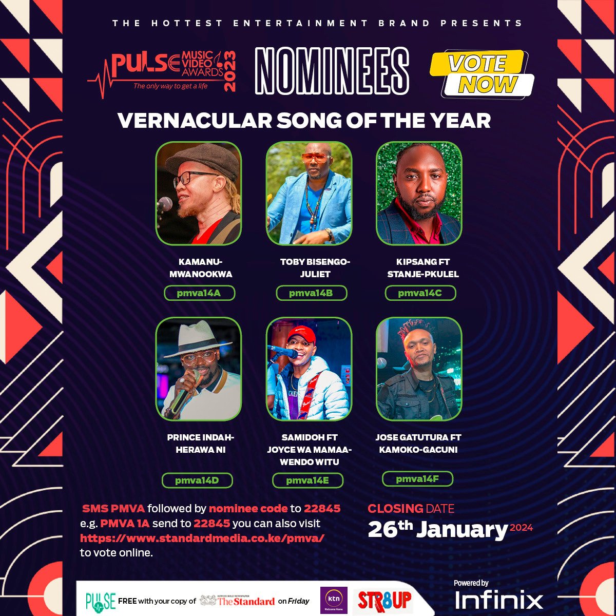 Last call for votes! This is your chance to decide the All Categories of the Year at Pulse Music Awards 2023. Hurry to standardmedia.co.ke/pmva/ and vote now. Presented by @InfinixKenya #PMVA2023