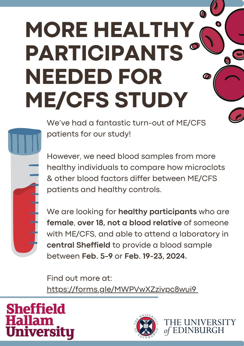 Female healthy participants needed for ME/CFS study in Sheffield! 
Can you take part in our study as a healthy participant? Or if you're an ME/CFS patient, can you share this flyer with a friend (not blood related)? 

Find out more at: forms.gle/MWPVwXZzivpc8w… #MEResearch #MECFS