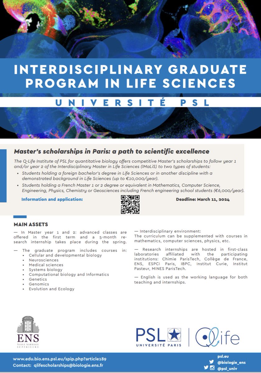 Ready to do your Master's thesis in Paris? 🔬 International scholarships for the master program @PslQlife , including internships in @institut_curie labs Apply here! 👇👇 edu.bio.ens.psl.eu/spip.php?artic…