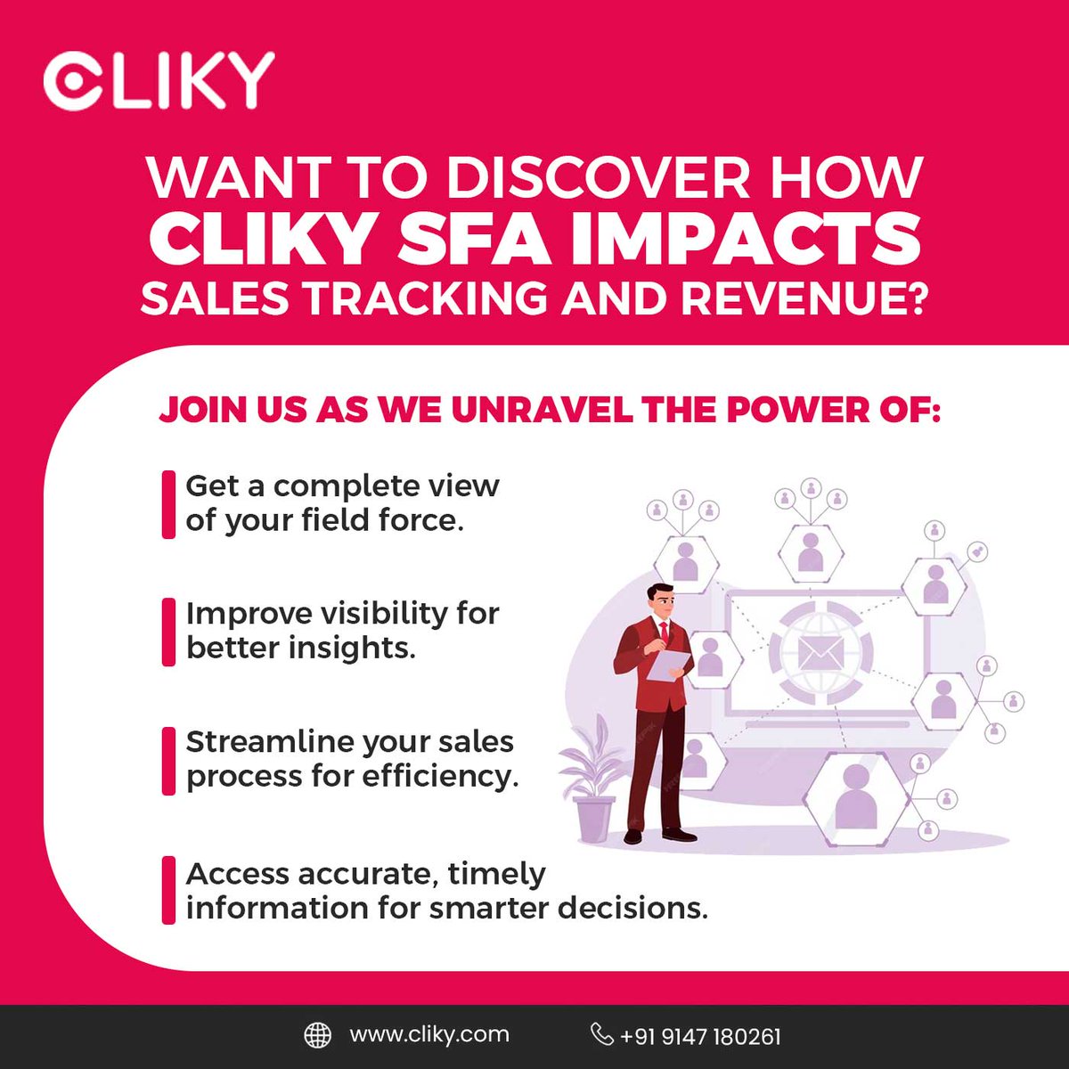 Cliky3924621's tweet image. Dive into the world of enhanced sales performance! Ever wondered how CLIKY SFA can revolutionize sales tracking? 
To know more, visit: cliky.com or call us at: +91 9147 180261
#SalesForceManagement #BusinessPerformance #SalesTools #SalesProductivity #SalesAutomation
